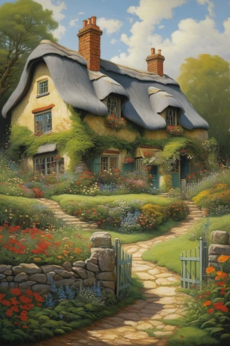 country cottage,home landscape,cottage garden,cottage,summer cottage,cottages,thatched cottage,country house,little house,farm house,traditional house,country estate,house painting,farmhouse,woman house,hobbiton,lincoln's cottage,beautiful home,ancient house,rural landscape,Illustration,Realistic Fantasy,Realistic Fantasy 05