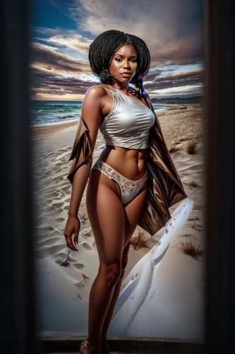 african woman,african american woman,black woman,beach background,digital compositing,maria bayo,ebony,nigeria woman,image manipulation,fitness and figure competition,the sea maid,warrior woman,world digital painting,white sand,black skin,black women,beautiful african american women,plus-size model,lady honor,photomanipulation