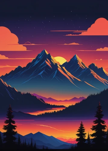 mountain sunrise,dusk background,mountains,landscape background,alpine sunset,mountain range,mountain,mountain landscape,dusk,high mountains,mountain scene,autumn mountains,giant mountains,alaska,mountainous landscape,digital background,mountain ranges,moutains,mountain world,mountain peak,Illustration,Vector,Vector 03