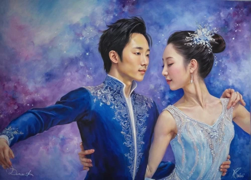 dancing couple,ice dancing,oil painting on canvas,ballroom dance,chinese art,oil painting,art painting,figure skating,young couple,blue painting,figure skate,ballroom,oil on canvas,figure skater,choi kwang-do,romantic portrait,oriental painting,motifs of blue stars,dancesport,khokhloma painting,Illustration,Realistic Fantasy,Realistic Fantasy 30