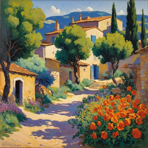 provence,tuscan,provencal life,village scene,apulia,puglia,italian painter,mediterranean,home landscape,aix-en-provence,la violetta,rural landscape,alhambra,la rocher de la baume,landscape,campagna,street scene,volterra,south of france,kalo chorio,Illustration,Retro,Retro 02