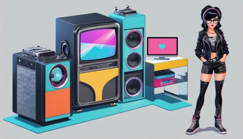 fashion vector,vector girl,retro girl,life stage icon,retro items,digiart,sound carrier,music system,boombox,rockabella,retro music,camera illustration,musicassette,television accessory,stereo system,anime 3d,game illustration,computer speaker,computer icon,retro styled,Unique,3D,Isometric