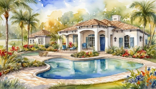 florida home,watercolor palm trees,pool house,home landscape,hacienda,garden pond,summer cottage,houses clipart,watercolor background,fountain pond,villa,watercolor painting,house painting,country estate,garden elevation,holiday villa,watercolor,house drawing,garden buildings,watercolor cafe,Illustration,Paper based,Paper Based 24