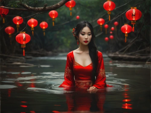 red lantern,water lotus,oriental princess,dongfang meiren,chinese art,mulan,lanterns,chinese lanterns,vietnamese woman,oriental girl,red water lily,asian woman,chinese lantern,oriental,asian vision,oriental painting,vietnam,geisha,lotus blossom,miss vietnam,Conceptual Art,Oil color,Oil Color 11