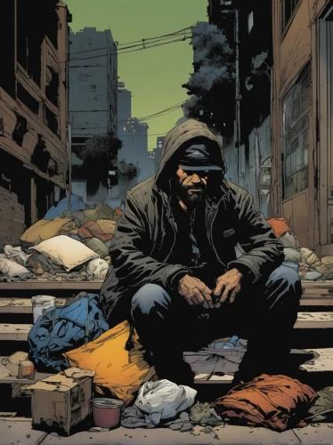 homeless man,homeless,slums,unhoused,poverty,slum,marvel comics,vendor,peddler,doctor doom,comic books,red hood,comics,karnak,cover,hooded man,the thinker,man praying,trash land,street artist,Illustration,American Style,American Style 06