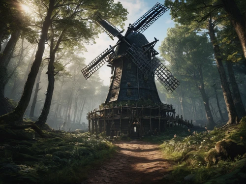 old windmill,windmill,dutch mill,dutch windmill,historic windmill,witcher,the windmills,windmill gard,dutch,game art,mill,windmills,dutch landscape,old mill,forest path,the woods,post mill,the netherlands,croft,house in the forest,Photography,General,Commercial