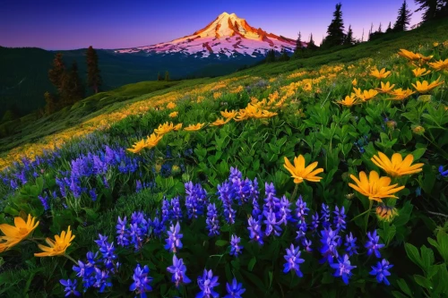 mount hood,mount rainier,mt hood,mt rainier,alpine meadows,alpine meadow,mountain meadow,alpine flowers,mount saint helens,wildflowers,splendor of flowers,lupines,washington state mt st helens,rainier,mount st helens,field of flowers,avalanche lily,oregon,alpine flower,top mount horn,Art,Classical Oil Painting,Classical Oil Painting 24