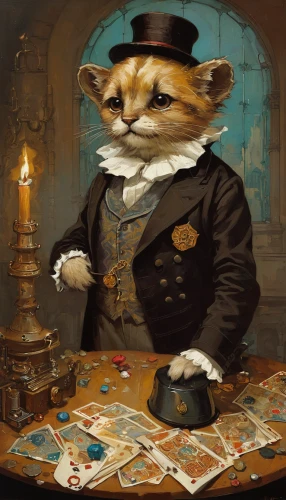 tea party cat,aristocrat,conductor,gambler,rotglühender poker,collectible card game,banker,figaro,card game,anthropomorphized animals,magician,poker,game illustration,cat sparrow,musical rodent,non fungible token,ringmaster,watchmaker,tabletop game,gentlemanly,Illustration,Children,Children 04
