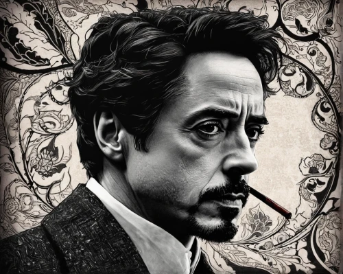 sherlock holmes,tony stark,anton chekhov,lokportrait,holmes,napoleon iii style,wick,chopin,deadwood,queen cage,sherlock,godfather,leonardo devinci,walt,fool cage,dali,vincent van gough,gentleman icons,cage,paisley digital background,Illustration,Black and White,Black and White 15