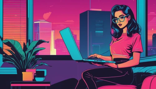 girl at the computer,women in technology,night administrator,vector illustration,freelancer,computer addiction,work from home,digital nomads,freelance,online date,neon human resources,remote work,sci fiction illustration,work at home,working space,cyberpunk,girl studying,digital illustration,computer freak,vector art,Illustration,Vector,Vector 01