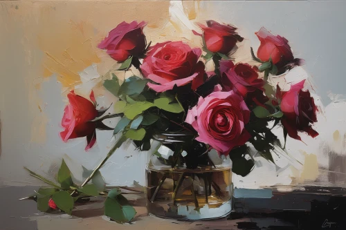 spray roses,bouquet of roses,flower vase,peony bouquet,vase,rose arrangement,oil painting,flower painting,bibernell rose,esperance roses,carol colman,carnations arrangement,peonies,oil painting on canvas,still life,garden roses,roses,red carnations,with roses,flower arranging,Conceptual Art,Oil color,Oil Color 11