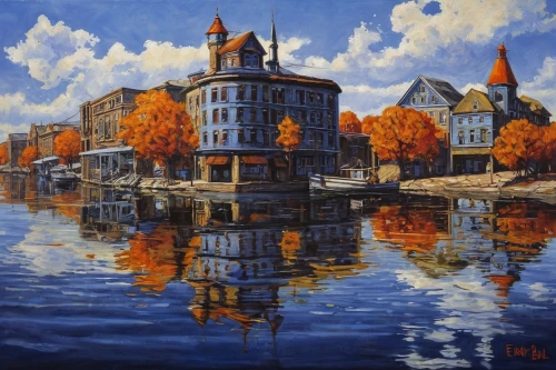 petersburg,delft,autumn landscape,escher village,house by the water,crane houses,holland,house with lake,fall landscape,oil painting,city moat,fisherman's house,river landscape,aurajoki,canals,one autumn afternoon,aurora village,christianshavn,art painting,dutch mill,Illustration,Realistic Fantasy,Realistic Fantasy 06