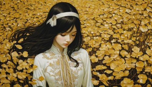 gingko,amano,gold leaves,ginko,gold leaf,golden autumn,japanese art,autumn gold,yellow wallpaper,golden flowers,japanese woman,junshan yinzhen,yellow petals,japanese floral background,girl in flowers,flower gold,yellow leaves,golden leaf,fallen petals,chrysanthemum exhibition,Illustration,Realistic Fantasy,Realistic Fantasy 09