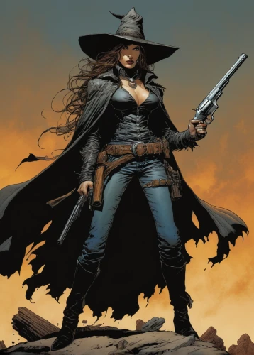 gunfighter,ranger,wild west,dodge warlock,huntress,cowgirl,swordswoman,cowboy bone,witch,pilgrim,western,stetson,drover,witch broom,sheriff,scarecrow,witch's hat,witch ban,cowboy,wicked witch of the west,Illustration,American Style,American Style 02