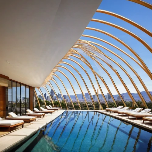 roof domes,glass roof,futuristic architecture,pool house,roof landscape,palm springs,roof structures,calatrava,roof top pool,eco hotel,infinity swimming pool,santiago calatrava,folding roof,hotel w barcelona,luxury hotel,glass pyramid,casa fuster hotel,beverly hills hotel,luxury property,aqua studio,Illustration,Retro,Retro 02