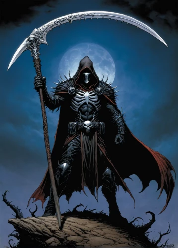 grimm reaper,scythe,grim reaper,reaper,heroic fantasy,hooded man,swordsman,spawn,longbow,death god,cleanup,doctor doom,dance of death,massively multiplayer online role-playing game,black warrior,swordsmen,lone warrior,awesome arrow,warlord,assassin,Illustration,American Style,American Style 02