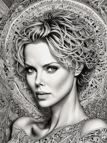 charlize theron,pencil art,sigourney weave,fashion illustration,pencil drawings,fantasy portrait,white rose snow queen,tilda,gothic portrait,lotus art drawing,tyrion lannister,artistic portrait,bouffant,portrait of christi,gena rolands-hollywood,photomontage,fantasy art,pencil drawing,celtic queen,gorgon,Illustration,Black and White,Black and White 11