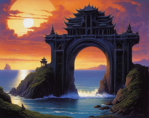 victory gate,dragon bridge,rock gate,city gate,gateway,archway,tori gate,the ruins of the,heaven gate,fantasy landscape,ruined castle,imperial shores,torii,triumphal arch,ancient city,iron gate,temples,senbon torii,castle of the corvin,portal,Conceptual Art,Sci-Fi,Sci-Fi 21