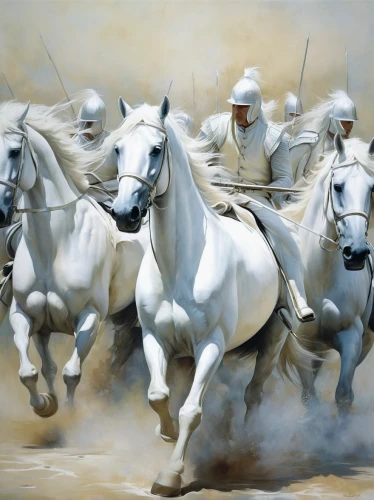 cavalry,white horses,andalusians,a white horse,arabian horses,cossacks,horse riders,horsemen,white horse,galloping,pegaso iberia,oil painting on canvas,horses,horse herd,two-horses,lancers,horse herder,french foreign legion,man and horses,bay horses,Illustration,Realistic Fantasy,Realistic Fantasy 16