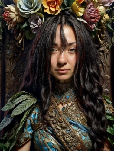 girl in a wreath,fantasy portrait,wreath of flowers,elven flower,floral wreath,girl in flowers,fantasy art,blooming wreath,mystical portrait of a girl,flower wreath,flora,golden wreath,laurel wreath,rose wreath,artemisia,moana,portrait background,beautiful girl with flowers,dryad,portrait of a girl