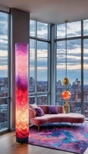 lava lamp,penthouse apartment,colorful glass,hoboken condos for sale,sky apartment,apartment lounge,modern decor,contemporary decor,glass wall,glass painting,great room,table lamps,floor lamp,loft,homes for sale in hoboken nj,colorful light,shared apartment,plasma lamp,interior design,the living room of a photographer,Illustration,Realistic Fantasy,Realistic Fantasy 20