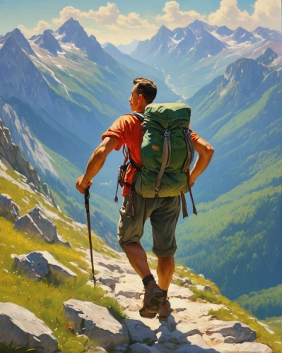 mountain guide,hiker,backpacking,hiking equipment,fjäll,backpacker,alpine crossing,hikers,mountain hiking,trekking poles,the spirit of the mountains,digital nomads,trekking pole,mountain scene,trekking,high-altitude mountain tour,outdoor recreation,free wilderness,mountaineering,traveler,Illustration,Retro,Retro 09