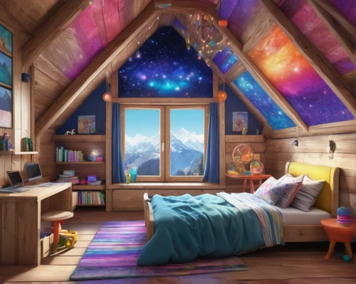 attic,the little girl's room,sleeping room,boy's room picture,children's bedroom,kids room,room,the cabin in the mountains,dandelion hall,sky apartment,great room,cabin,snowhotel,modern room,bedroom,loft,children's room,beautiful home,colorful star scatters,rainbow and stars,Illustration,Realistic Fantasy,Realistic Fantasy 20
