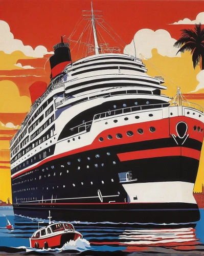 ocean liner,cruise ship,sea fantasy,queen mary 2,travel poster,troopship,passenger ship,vintage illustration,ss rotterdam,italian poster,ship travel,ship traffic jams,cruiseferry,cruise,hurtigruten,costa concordia,ship of the line,reefer ship,the ship,star line art,Illustration,American Style,American Style 05