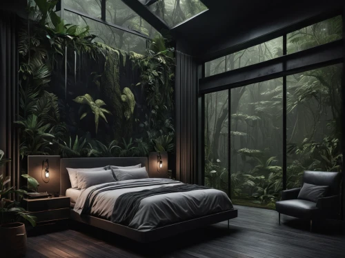 canopy bed,sleeping room,bedroom,tropical jungle,bedroom window,rain forest,jungle,room divider,modern room,tropical greens,rainforest,great room,guest room,tropical house,interior design,green living,bamboo curtain,forest dark,indoor,loft,Conceptual Art,Fantasy,Fantasy 34
