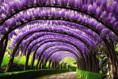 tunnel of plants,plant tunnel,wisteria,wall,wall tunnel,purple wallpaper,walkway,purple landscape,jacaranda,wisteria shelf,jacaranda trees,viola bridge,lavender cultivation,lavander,lilac arbor,lavendar,petals purple,pergola,tree lined path,defense,Conceptual Art,Oil color,Oil Color 09