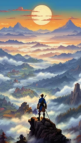 cartoon video game background,mountain sunrise,cloud mountain,above the clouds,background image,sea of clouds,the horizon,mountain world,valley of the moon,horizon,cloud mountains,giant mountains,would a background,golden sun,the wanderer,fantasy picture,game illustration,adventurer,violinist violinist of the moon,dusk background,Unique,Pixel,Pixel 05