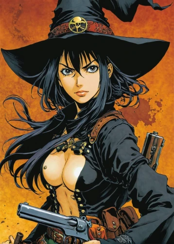 witch ban,halloween witch,witch,gunfighter,witch broom,witch's hat,swordswoman,rosa ' amber cover,witch's hat icon,cowgirl,witch hat,halloween poster,pirate,cover,black hat,halloween banner,western,helloween,yukio,sheriff,Illustration,Japanese style,Japanese Style 05