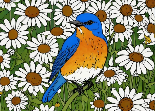 flower and bird illustration,bird painting,bird illustration,garden bird,spring bird,blue birds and blossom,floral and bird frame,bird drawing,pop art background,floral background,wood daisy background,meadow bird,flower animal,flower painting,springtime background,bird pattern,flower illustration,flower background,bird flower,marguerite daisy,Illustration,Children,Children 06