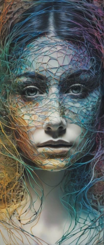 woman of straw,chalk drawing,psychedelic art,woman thinking,head woman,cd cover,fractalius,meridians,lithified,mystical portrait of a girl,connectedness,virtual identity,neural pathways,shamanism,immersed,color pencils,woman face,woman's face,self hypnosis,colored pencils,Illustration,Retro,Retro 25