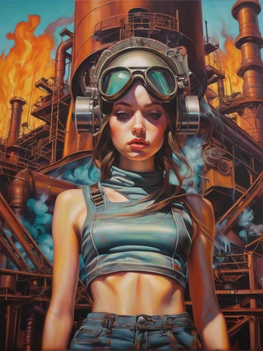 refinery,steelworker,industries,shipyard,steampunk,chemical plant,mechanic,industrial,steel mill,factories,industrial smoke,industry,acetylene,oil,heavy water factory,oil on canvas,corrosion,oil industry,cyberpunk,female worker,Conceptual Art,Daily,Daily 15