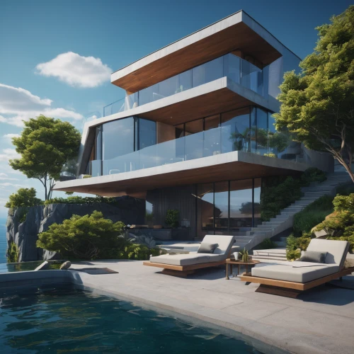 house by the water,luxury property,modern house,3d rendering,modern architecture,luxury home,dunes house,aqua studio,house with lake,waterfront,luxury real estate,beautiful home,render,pool house,landscape design sydney,floating island,futuristic architecture,contemporary,holiday villa,ocean view,Photography,General,Fantasy