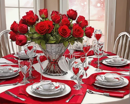 table arrangement,table setting,tablescape,table decoration,red tablecloth,rose arrangement,red roses,red carnations,table decorations,valentine's day décor,place setting,dinnerware set,tableware,flower vases,saint valentine's day,set table,welcome table,sweet table,romantic dinner,romantic rose,Conceptual Art,Fantasy,Fantasy 08