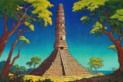 obelisk tomb,obelisk,aztec,russian pyramid,caatinga,step pyramid,tower of babel,minaret,kharut pyramid,maya civilization,chichen-itza,fairy chimney,pyramid,yucatan,stupa,chichen itza,chimney,khokhloma painting,tipi,el salvador dali,Illustration,Retro,Retro 07