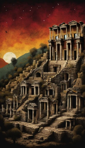 ancient city,palace of knossos,ancient civilization,ancient house,ancient buildings,acropolis,neo-stone age,ruins,the ancient world,pompeii,anasazi,megalithic,the ruins of the,mausoleum ruins,mountain settlement,necropolis,temples,karnak,tombs,catacombs,Illustration,Abstract Fantasy,Abstract Fantasy 19