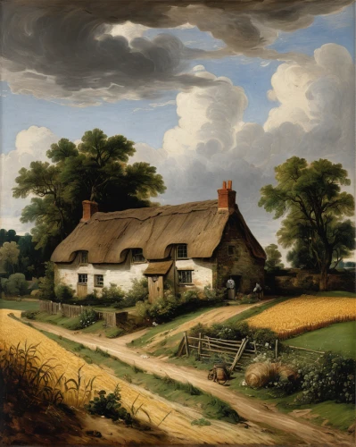 farm landscape,rural landscape,country cottage,farmhouse,constable,thatched cottage,home landscape,dutch landscape,cottages,farm house,village scene,country house,lincoln's cottage,brook landscape,farmstead,cottage,danish house,house painting,david bates,country estate,Illustration,Vector,Vector 20