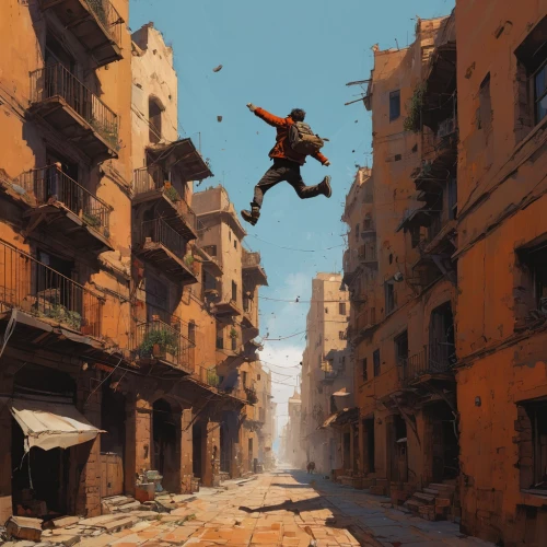 rust-orange,flying girl,leap of faith,flying carpet,high-wire artist,riad,falling objects,leap for joy,axel jump,leap,the pied piper of hamelin,cairo,flying seeds,jumping,world digital painting,parkour,jaffa,rustico,medina,leaping,Conceptual Art,Sci-Fi,Sci-Fi 01