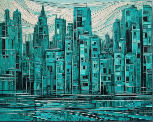 cityscape,glass painting,city scape,metropolis,city skyline,dubai marina,city blocks,blue painting,teal blue asia,city cities,harbour city,bombay,destroyed city,cities,city buildings,urban landscape,city,fabric painting,abstract painting,skyscrapers,Illustration,Black and White,Black and White 15