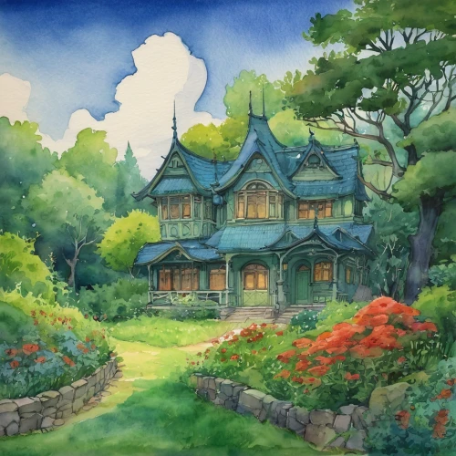 studio ghibli,watercolor tea shop,house in the forest,watercolor background,home landscape,house painting,watercolor cafe,little house,cottage,witch's house,fairy village,summer cottage,watercolor,watercolor shops,lonely house,traditional house,fairy tale castle,watercolor painting,small house,country cottage,Illustration,Abstract Fantasy,Abstract Fantasy 09