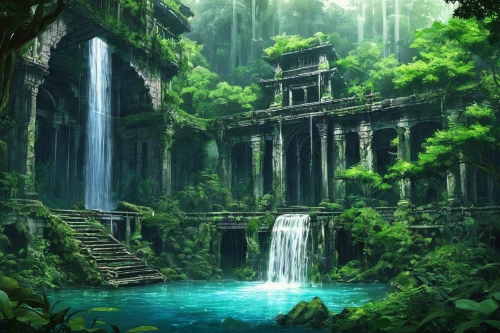 ancient city,ruins,green waterfall,waterfall,abandoned place,ash falls,water palace,mausoleum ruins,lost place,the ruins of the,waterfalls,falls,ancient,green forest,house in the forest,fantasy landscape,ancient buildings,imperial shores,water falls,ruin,Illustration,Japanese style,Japanese Style 12