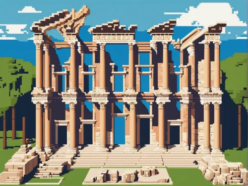 celsus library,ancient roman architecture,artemis temple,ephesus,greek temple,paestum,doric columns,ancient greek temple,temple of diana,roman temple,temple of hercules,fori imperiali,neoclassic,neoclassical,classical antiquity,pixel art,house with caryatids,appia,roman ruins,columns,Unique,Pixel,Pixel 01