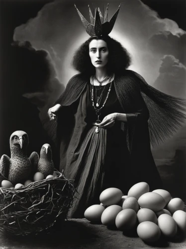 crow queen,araucana,woman holding pie,corvidae,mother hen,in the mother's plumage,priestess,paganism,spring equinox,goose eggs,broken eggs,woman eating apple,girl with bread-and-butter,dark angel,crows,murder of crows,still life with onions,gothic portrait,celebration of witches,the witch,Photography,Black and white photography,Black and White Photography 11