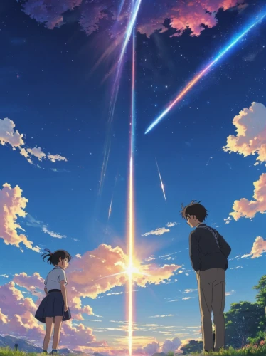 studio ghibli,celestial phenomenon,star sky,falling stars,falling star,sky,cosmos,summer sky,shooting star,comet,cosmos wind,starry sky,beam of light,tobacco the last starry sky,shooting stars,beam,stargazing,lens flare,star winds,world end,Art,Classical Oil Painting,Classical Oil Painting 23