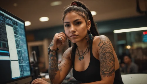 tattoo girl,girl at the computer,santana,secretary,latina,dispatcher,telephone operator,barista,jasmine sky,ai,switchboard operator,lira,librarian,ceo,work from home,receptionist,toni,focused,computer skype,tattoo artist,Photography,General,Cinematic