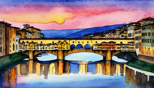 ponte vecchio,sant'angelo bridge,firenze,arno river,florence,watercolor,watercolor painting,watercolors,water color,florentine,water colors,watercolor frame,italian painter,watercolor background,watercolor paint,watercolor wine,watercolour,watercolour frame,watercolor shops,oil pastels,Illustration,Paper based,Paper Based 10