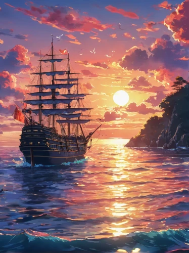 sea sailing ship,sailing ship,sailing ships,sail ship,galleon ship,scarlet sail,sea fantasy,pirate ship,galleon,sailing,tallship,three masted sailing ship,sailing boat,sailing vessel,full-rigged ship,sailing-boat,tall ship,caravel,east indiaman,sail boat,Illustration,Realistic Fantasy,Realistic Fantasy 19